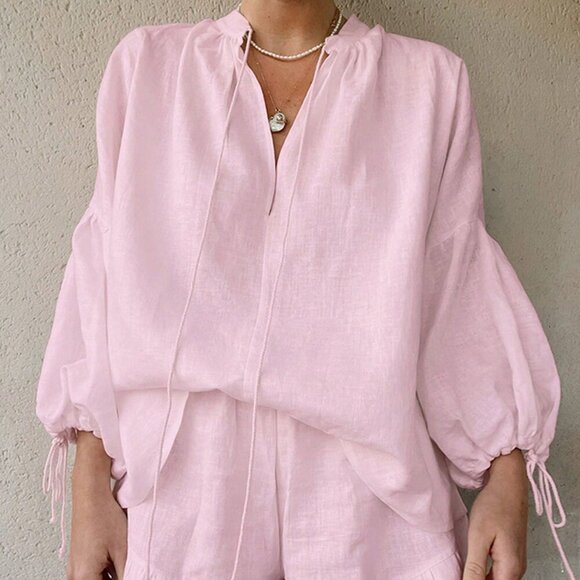 Tops - Pink Cute Sweet Women's Long Sleeve Tie-Up V-Neck Pj Set